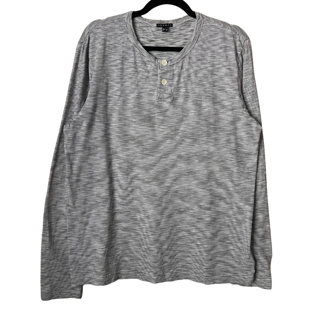 Theory Shirt Mens Large Black‎ White Striped Henley Cotton Knit Long Sleeve Tee